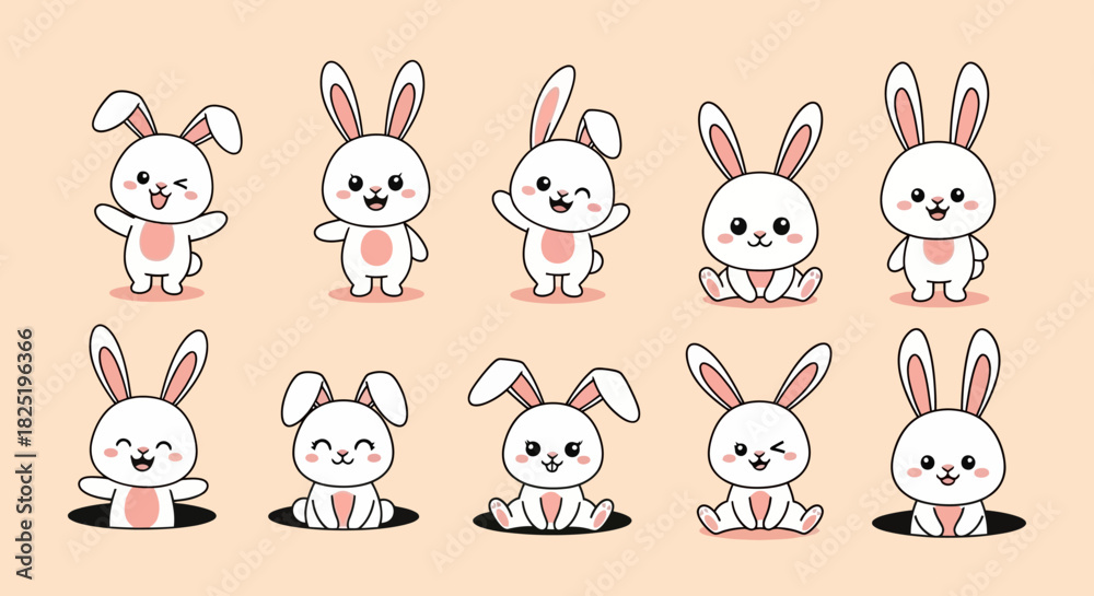 Fototapeta premium Adorable Cartoon Bunny Rabbits Collection for Design Elements and Easter Decorations