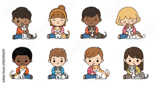 Cute Diverse Children with Their Beloved Cats in a Wholesome Collection