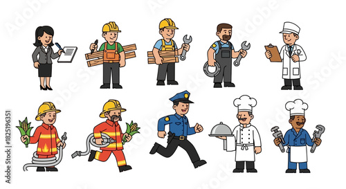 Diverse Professions A Vector Illustration of Various Occupations Depicted in a Colorful and Playful Manner