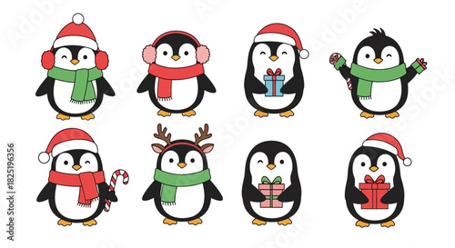 Collection of adorable Christmas penguins wearing festive winter accessories. Cute cartoon animal characters for holiday celebration