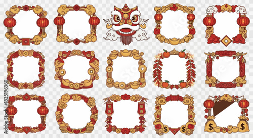 Auspicious collection of Chinese New Year decorative frames and borders, featuring traditional red lanterns, golden ingots, and symbolic cultural elements for festive greetings and designs