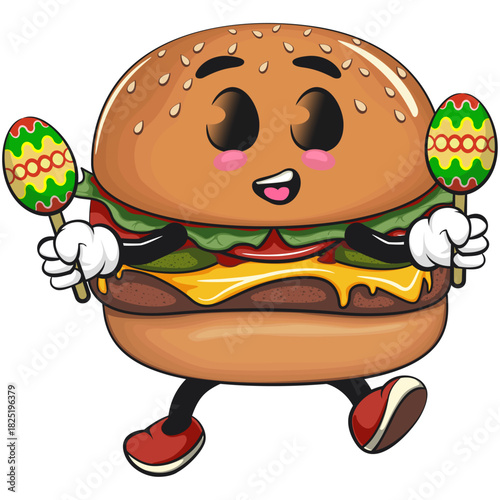 cute burger mascot character plays with maracas, happy cartoon burger vector illustration, work of hand drawn