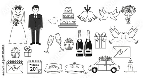 Elegant line art collection of essential wedding symbols, perfect for invitations, celebration designs, and special occasion graphics, depicting love and commitment icons