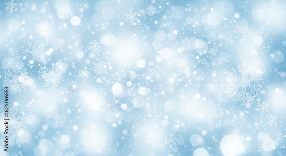 Fototapeta premium Abstract light blue winter background with falling snow, bokeh effect, and glowing snowflakes creating a magical and festive holiday atmosphere