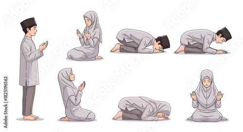 A collection of illustrations showing the complete sequence of the Islamic prayer ritual, with a Muslim man and woman demonstrating each posture