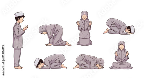 Vector illustration collection of a Muslim boy and girl demonstrating the steps and postures of Salah, the Islamic prayer