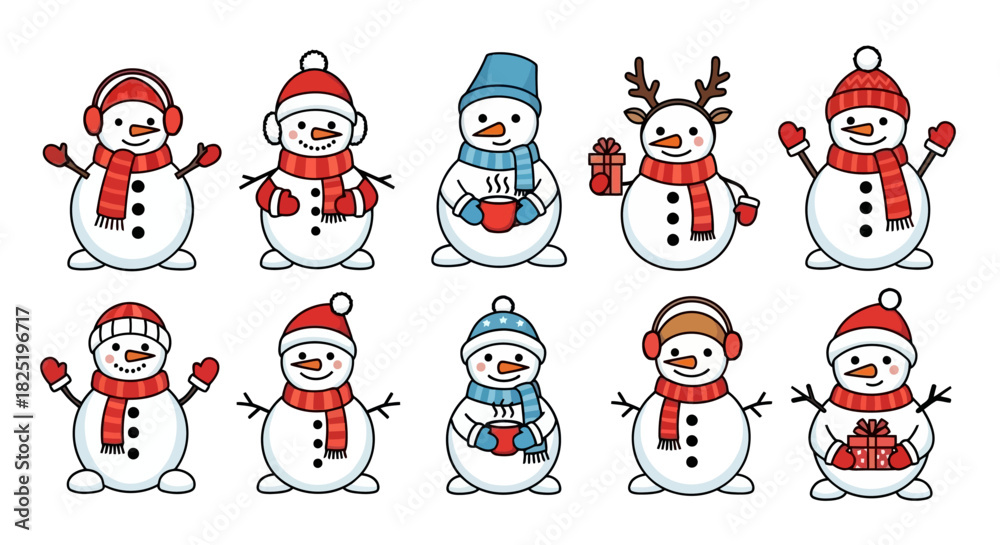 Fototapeta premium A delightful collection of ten cute cartoon snowman characters, each with unique winter accessories for Christmas and holiday celebrations