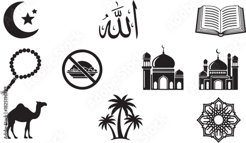 Islamic symbols collection black and white isolated on transparent background
