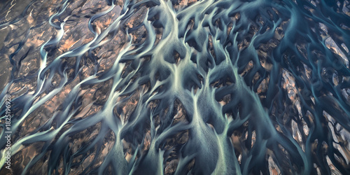 Aerial view of glacial rivers carve intricate patterns across the landscape, a mesmerizing dance of turquoise against the stark earth, Hvolsvollur, Rangarbing eystra, Iceland.