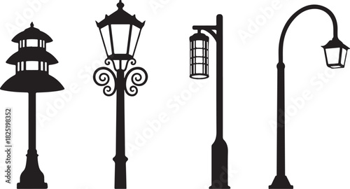 Four street lamp silhouettes isolated on transparent background