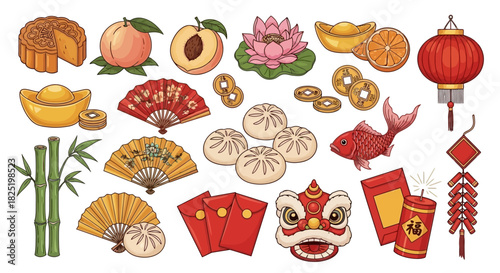 A vibrant collection of traditional Chinese New Year symbols, festive decorations, and delicious foods celebrating Asian culture, prosperity, and joy