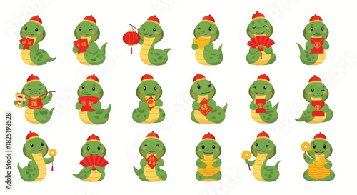A collection of cute cartoon snakes celebrating the Chinese New Year. Set of zodiac serpent characters with traditional holiday symbols like red envelopes and gold ingots