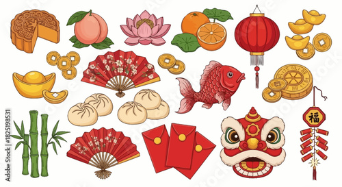 Chinese New Year Traditional Symbols and Festive Decorations for Celebration
