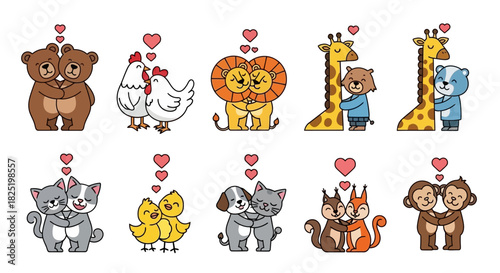 A charming collection of cute cartoon animal couples showing affection and love with tender hugs and hearts