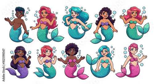 Diverse Group of Cartoon Mermaids with Various Skin and Hair Colors