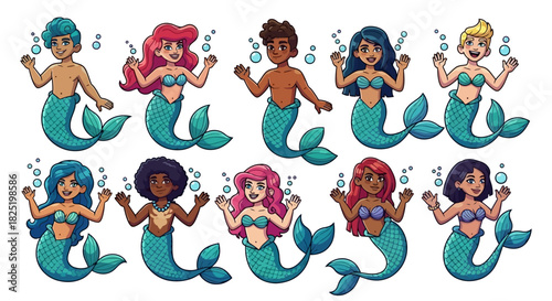 Diverse collection of cartoon mermaids and mermen, featuring various skin tones and hair colors, happily blowing bubbles in a whimsical underwater fantasy illustration
