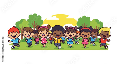 Happy diverse children running together in a park, representing friendship, unity, and an active lifestyle