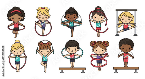 Diverse Gymnasts Performing Various Artistic Gymnastics Exercises and Poses for Competitions and Training