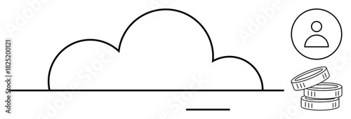 Cloud outline with user profile icon and stacked coins symbolizing cloud storage, user accounts, and payment services. Ideal for technology, savings, connectivity, finance, cloud computing, customer