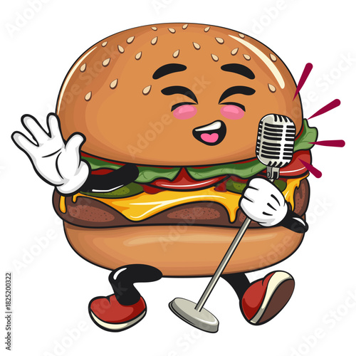 cute burger mascot character sing with maximum style, happy cartoon burger vector illustration, work of hand drawn