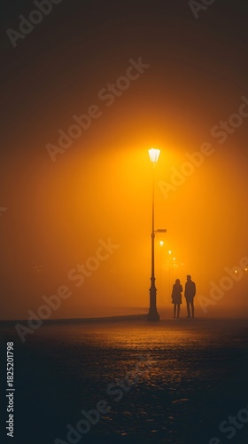 Couple Silhouettes in Orange Fog Under Lamppost