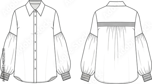 Technical flat sketch of long sleeve blouse with voluminous gathered cuffs, front and back view fashion garment construction illustration