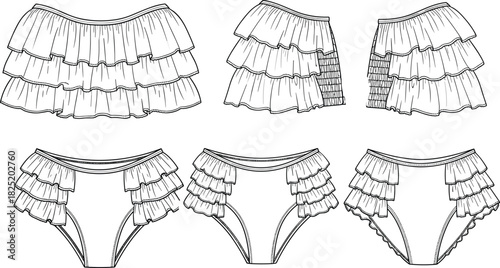 Black and white ruffled bikini bottom fashion illustration showing side and front views with layered frill swimwear design variations vector