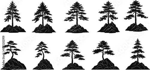 Silhouette pine trees on rocky terrain, natural forest landscape illustration, stylized black vector art for outdoor, wilderness, and nature themes.