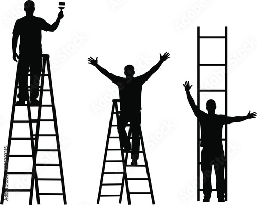 Silhouettes of people interacting with ladders in various poses representing work, achievement, aspiration, and human effort in vector illustration