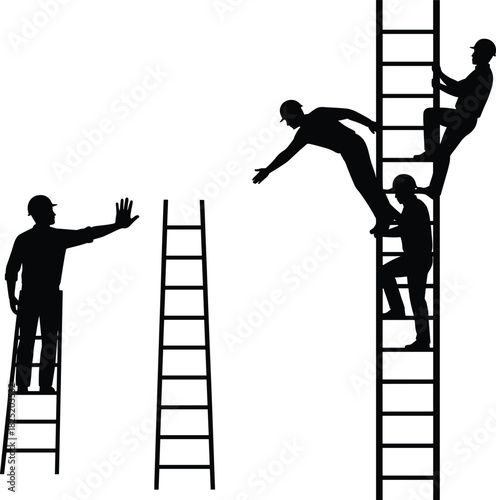 Silhouettes of People on Ladders Showing Helping, Refusing, and Teamwork Gestures in Symbolic Minimalist Vector Illustration for Conceptual Use