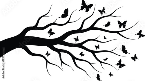 Silhouette tree branch with flying butterflies, nature transformation concept, whimsical wildlife art, black vector illustration for decorative design themes