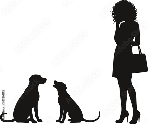 Silhouette of stylish woman with handbag interacting with two sitting dogs, elegant fashion moment, pet training, companionship concept