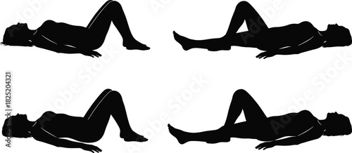 Silhouette illustration of human supine positions with varied leg and arm placements for anatomy, medical, physiotherapy, yoga, and exercise concepts.