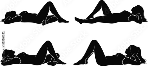 Silhouette vector set of man doing crunch exercises, fitness workout poses for abdominal training, gym routine, core strength illustration
