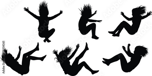 Silhouette of falling person in dynamic motion poses, expressive human body movement, airborne jump sequence for animation, design, and concept art