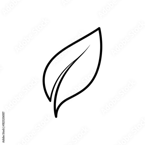 Simple black outline drawing of a single leaf with a central vein, representing nature and ecological themes.