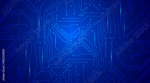 Blue Tech PCB Network Layout . Printed circuit board style background with blue electric traces and digital connections.