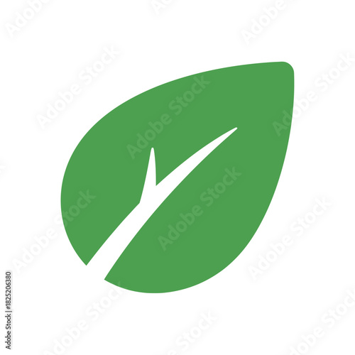 A simple, stylized green leaf with a white stem on a white background, representing nature and growth.