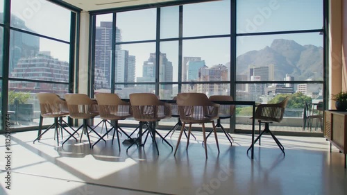 Modern empty boardroom with city skyline view through glass windows on sunny day