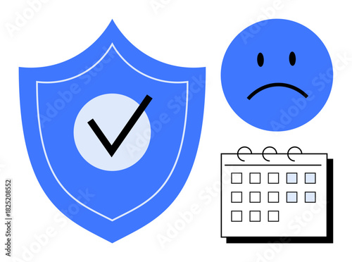 Blue shield with check mark symbolizes protection, sad face conveys dissatisfaction, calendar indicates time management. Ideal for security, deadlines, risk, privacy, schedules, frustration