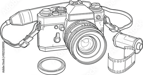 Vintage film camera, analog photography gear, retro lens, classic camera strap, film roll, lens cap, detailed illustration, mechanical design