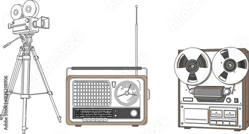 Vintage film camera, retro radio receiver, reel-to-reel tape recorder, analog technology, classic electronics, media history, nostalgic devices