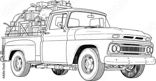 Vintage pickup truck loaded with cargo, classic transport illustration, retro vehicle sketch, moving supplies, detailed ink drawing