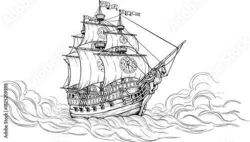 Vintage sailing ship, ocean waves, maritime adventure, nautical vessel, historic boat, sea travel, exploration, wind, sails, voyage, antique, marine, sketch, illustration, blue ink, detailed drawing