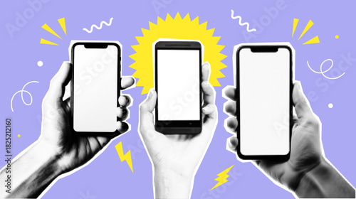 Human hands holding smartphone with halftone collage cut outs effects and doodle elements