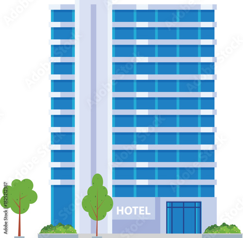 Modern Hotel Building Illustration with Blue Glass Windows and Green Trees, Flat Design City Accommodation for Travel and Business