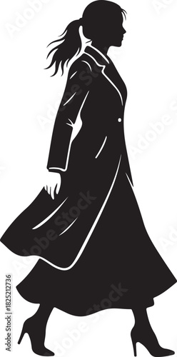 Silhouette of a stylish woman in a long coat or trench coat, walking gracefully in high heels, a vector illustration of fashion and elegance.