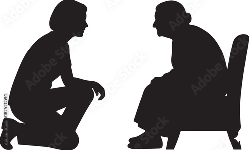 Silhouette of a caregiver kneeling and talking to an elderly woman sitting in a chair, representing support, communication, and intergenerational care