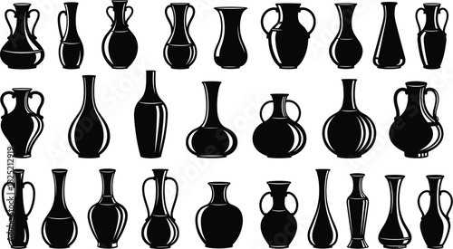 Ancient vase silhouettes, black pottery icons, amphora shapes, ceramic vessel collection, historical art forms, archaeological design elements, museum illustration set