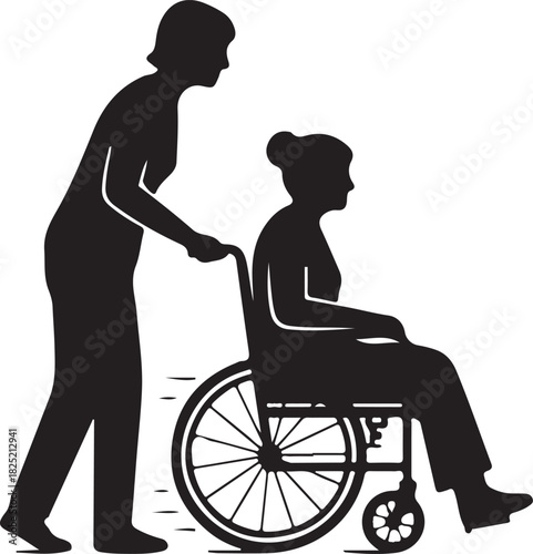 Silhouette illustration of a caregiver or nurse assisting an elderly woman in a wheelchair, representing care, support, and mobility for seniors and patients